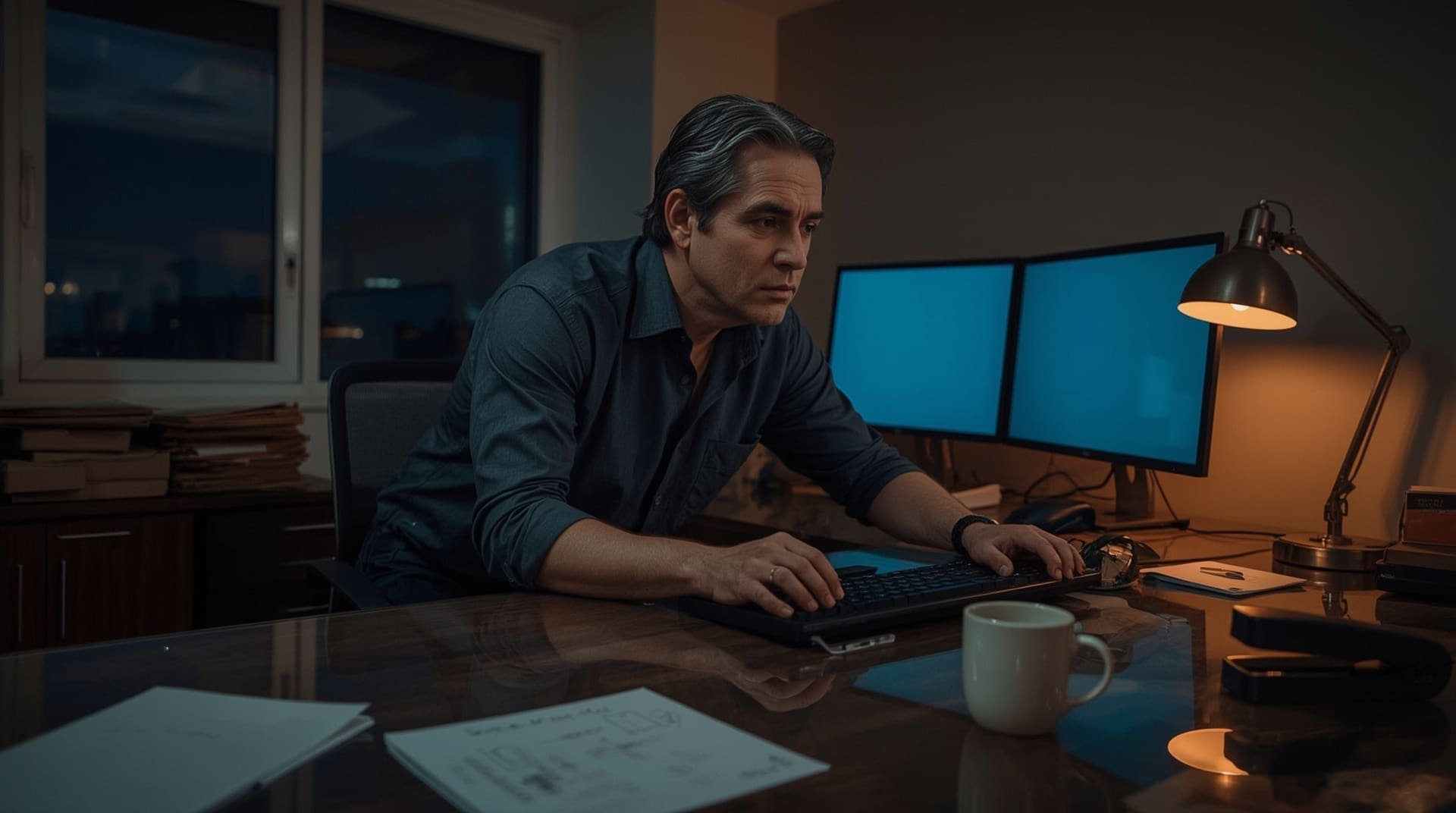 Accountant working late at desk facing cybersecurity threats on computer screens