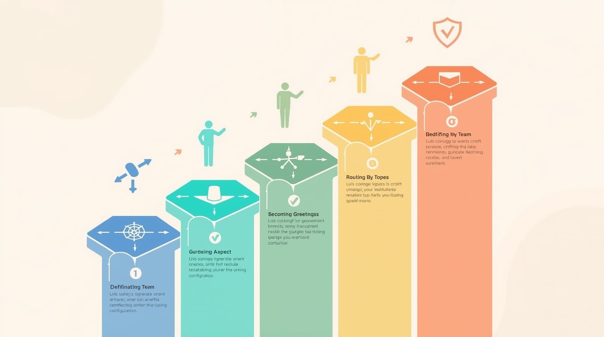 Five-step sequential infographic illustrating the process of setting up a VoIP call queue