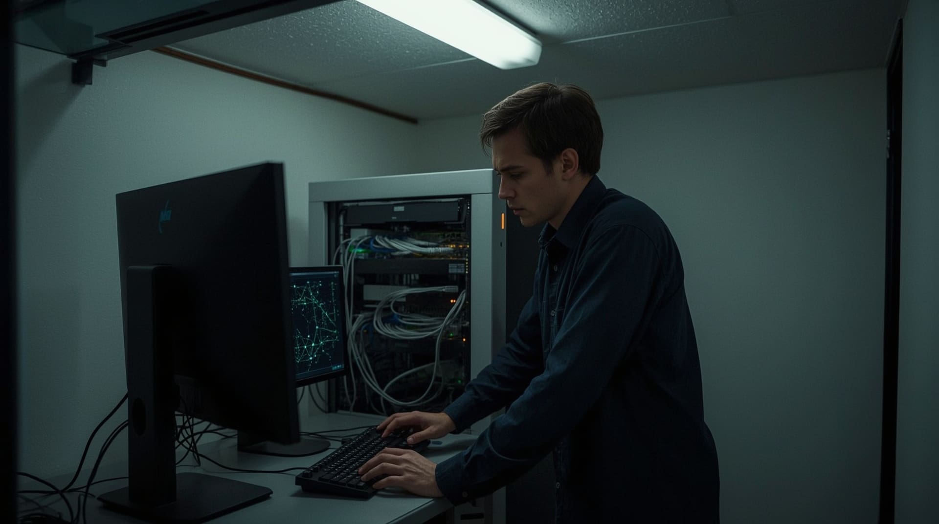 IT professional monitoring cloud phone system security inside a server room